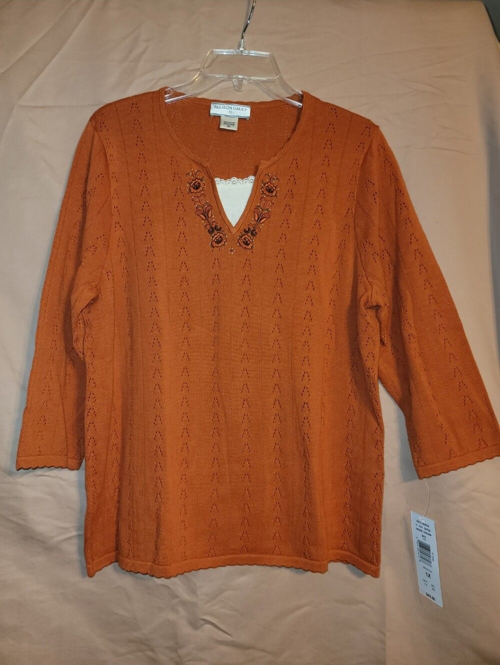 Allison Daley II Orange  Brnspice V-Neck Embroidered Knit Sweater Top Nwt
